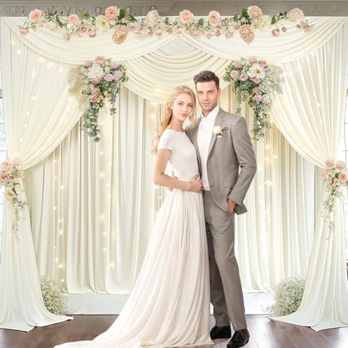 20x10ft Cream White Backdrop Curtains with Lights String for Parties in 5'(W) x 10'(H),4 panels in Cream White, alternate
