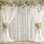 20x10ft Cream White Chiffon Backdrop Curtain with Lights String for Wedding Sheer Tulle Curtain Photo Backdrops