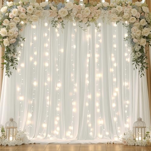 20x10ft Cream White Chiffon Backdrop Curtain with Lights String for Wedding Sheer Tulle Curtain Photo Backdrops, alternate