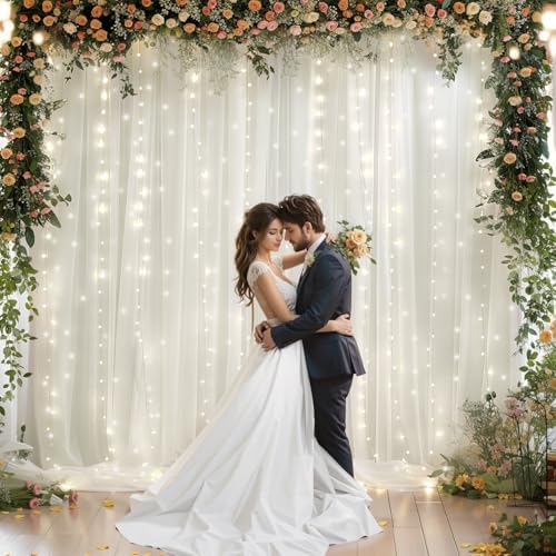 20x10ft Cream White Chiffon Backdrop Curtain with Lights String for Wedding Sheer Tulle Curtain Photo Backdrops, alternate