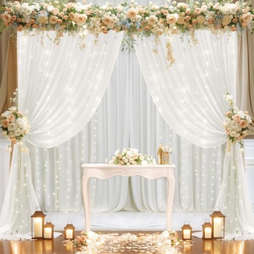 20x10ft Cream White Chiffon Backdrop Curtain with Lights String for Wedding Sheer Tulle Curtain Photo Backdrops, alternate