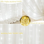 20x10ft Cream White Chiffon Backdrop Curtain with Lights String for Wedding Sheer Tulle Curtain Photo Backdrops, alternate