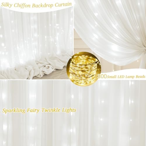 20x10ft Cream White Chiffon Backdrop Curtain with Lights String for Wedding Sheer Tulle Curtain Photo Backdrops, alternate
