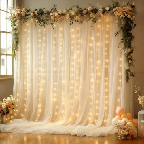 20x10FT Cream Wrinkle Free Backdrop Curtains with Lights String for Parties - Photo Curtain Backdrop with Lights