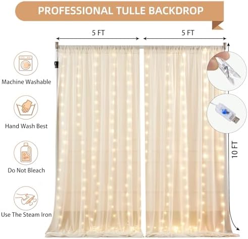 20x10FT Cream Wrinkle Free Backdrop Curtains with Lights String for Parties - Photo Curtain Backdrop with Lights, alternate