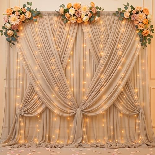 20x10ft Dark Champagne Tulle Backdrop Curtains with Lights String for Parties, Wrinkle Free Sheer Curtain