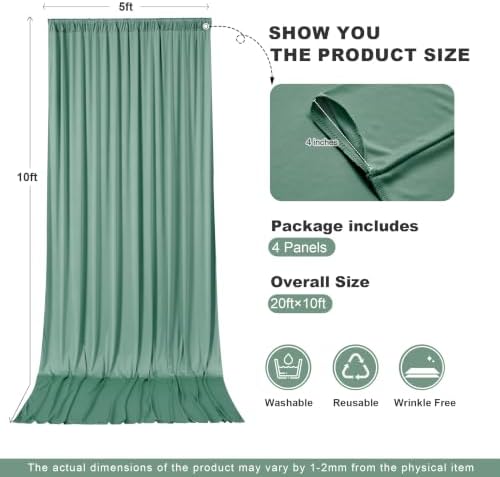 20x10ft Dusty Green Backdrop Curtains for Parties, 4 Panels 5x10ft Wrinkle-Free Polyester Background Curtains, alternate view