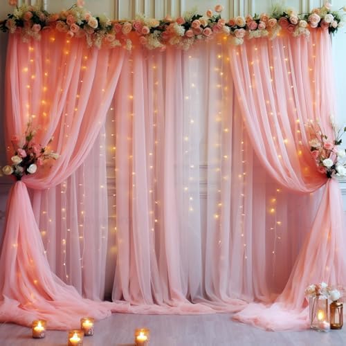 20x10ft Dusty Rose Tulle Backdrop Curtain with Lights String for Parites, Sheer Backdrop Curtains for Wedding