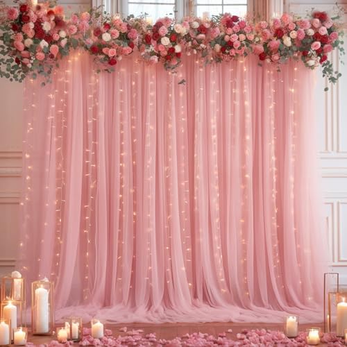 20x10ft Dusty Rose Tulle Backdrop Curtain with Lights String for Parites, Sheer Backdrop Curtains for Wedding, alternate view