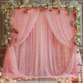 20x10ft Dusty Rose Tulle Backdrop Curtain with Lights String for Parites, Sheer Photo Backdrop Curtains with
