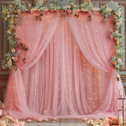 20x10ft Dusty Rose Tulle Backdrop Curtain with Lights String for Parites, Sheer Photo Backdrop Curtains with