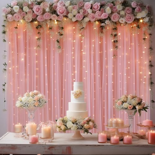 20x10ft Dusty Rose Tulle Backdrop Curtain with Lights String for Parites, Sheer Photo Backdrop Curtains with, alternate view