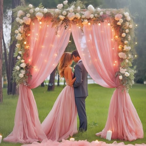 20x10ft Dusty Rose Tulle Backdrop Curtain with Lights String for Parites, Sheer Photo Backdrop Curtains with, alternate view