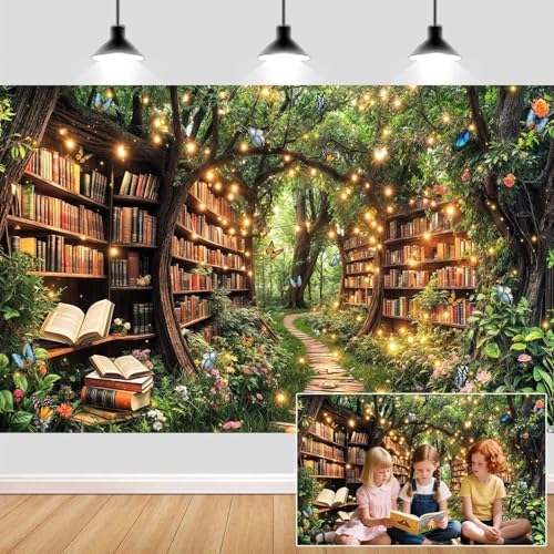 20X10ft Enchanted Forest Fairy Library Backdrop Fairy Tale Magic Bookshelf Green Garden Book Tree Floral