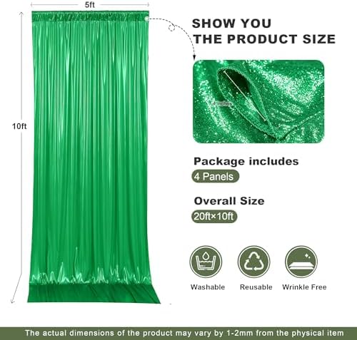20x10FT Green Sequin Backdrop Curtain - 4 Panels of 5x10FT Wrinkle-Free Glitter Drapes for Photography, alternate view 6
