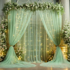 20x10ft Green Tulle Backdrop Curtain with Lights String for Parites, Sheer Photo Backdrop Curtains with Lights