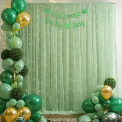 20x10ft Green Tulle Backdrop Curtain with Lights String for Parites, Sheer Photo Backdrop Curtains with Lights, alternate