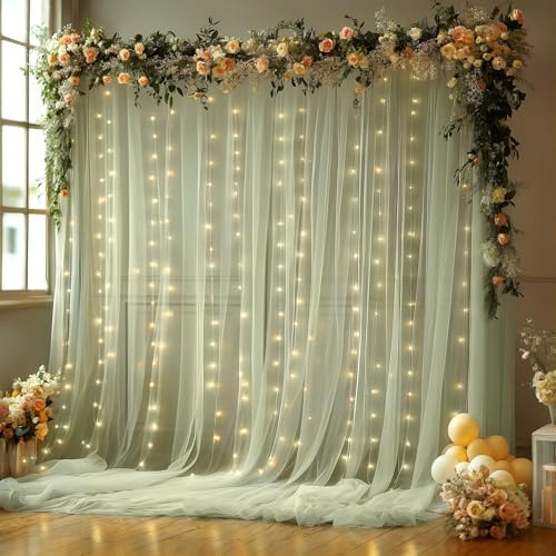 20x10FT Green Wrinkle Free Backdrop Curtains with Lights String for Parties - Photo Curtain Backdrop with Lights