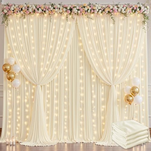 20x10ft Ivory Backdrop Curtains with Lights String for Parties, 2 Panels in 5'(W) x 10'(H),4 panels in Ivory