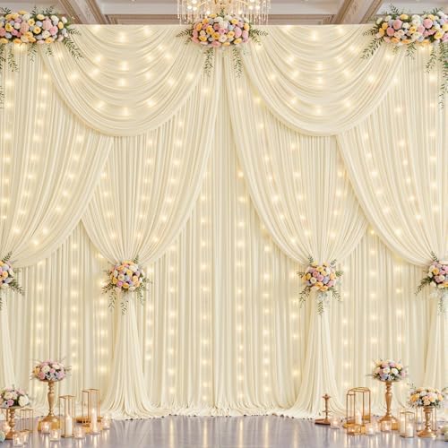 20x10ft Ivory Backdrop Curtains with Lights String for Parties, 2 Panels in 5'(W) x 10'(H),4 panels in Ivory, alternate view