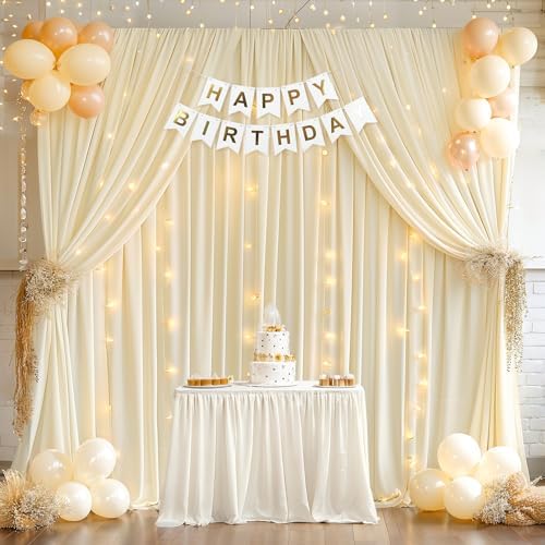 20x10ft Ivory Backdrop Curtains with Lights String for Parties, 2 Panels in 5'(W) x 10'(H),4 panels in Ivory, alternate view