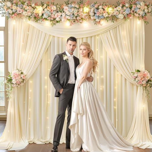 20x10ft Ivory Backdrop Curtains with Lights String for Parties, 2 Panels in 5'(W) x 10'(H),4 panels in Ivory, alternate view