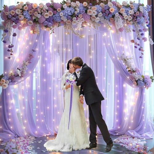 20x10ft Lavender Chiffon Backdrop Curtain with Lights String for Wedding Sheer Tulle Curtain Photo Backdrops, alternate view