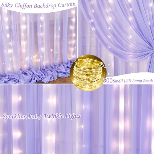 20x10ft Lavender Chiffon Backdrop Curtain with Lights String for Wedding Sheer Tulle Curtain Photo Backdrops, alternate view