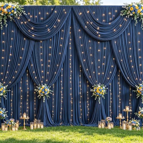 20x10ft Navy Blue Backdrop Curtains with Lights String for Baby Shower in 5'(W) x 10'(H),4 panels in Navy Blue
