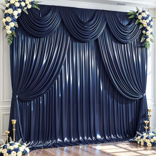 20x10ft Navy Blue Glitter Backdrop Curtain for Parties, Wrinkle Free Satin Photo Backdrop Drapes 4 Panels 5x10FT