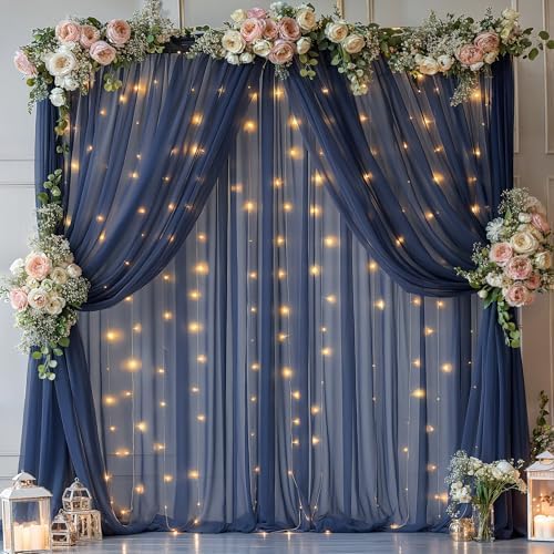 20x10ft Navy Blue Tulle Backdrop Curtain with Lights String for Parites, Sheer Backdrop Curtains for Wedding