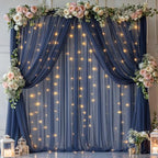 20x10ft Navy Blue Tulle Backdrop Curtain with Lights String for Parites, Sheer Backdrop Curtains for Wedding