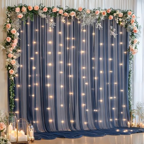 20x10ft Navy Blue Tulle Backdrop Curtain with Lights String for Parites, Sheer Backdrop Curtains for Wedding, alternate view