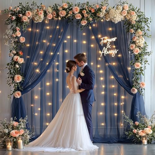 20x10ft Navy Blue Tulle Backdrop Curtain with Lights String for Parites, Sheer Backdrop Curtains for Wedding, alternate view
