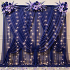 20x10ft Navy Blue Tulle Backdrop Curtains with Lights String for Parties, Wrinkle Free Sheer Curtain with Lights