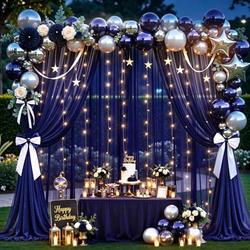 20x10ft Navy Blue Tulle Backdrop Curtains with Lights String for Parties, Wrinkle Free Sheer Curtain with Lights, alternate