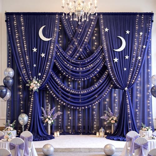 20x10ft Navy Blue Tulle Backdrop Curtains with Lights String for Parties, Wrinkle Free Sheer Curtain with Lights, alternate