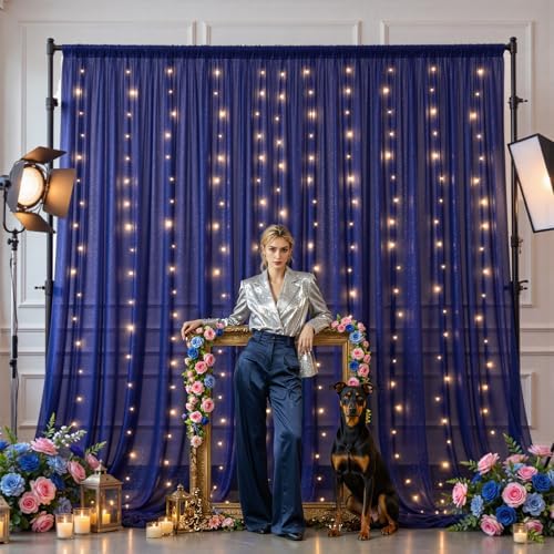 20x10ft Navy Blue Tulle Backdrop Curtains with Lights String for Parties, Wrinkle Free Sheer Curtain with Lights, alternate