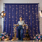 20x10ft Navy Blue Tulle Backdrop Curtains with Lights String for Parties, Wrinkle Free Sheer Curtain with Lights, alternate