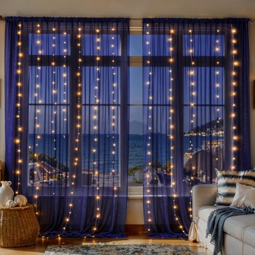 20x10ft Navy Blue Tulle Backdrop Curtains with Lights String for Parties, Wrinkle Free Sheer Curtain with Lights, alternate