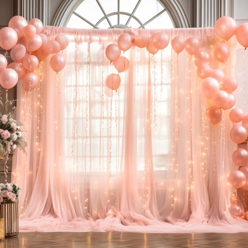 20x10ft Peach Tulle Backdrop Curtain with Lights String for Parites, Sheer Photo Backdrop Curtains with Lights, alternate