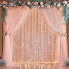 20x10ft Peach Tulle Backdrop Curtain with Lights String for Parites, Sheer Backdrop Curtains for Wedding Baby