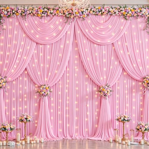 20x10ft Pink Backdrop Curtains with Lights String for Parties, 4 Panels in 5'(W) x 10'(H),4 panels in Pink