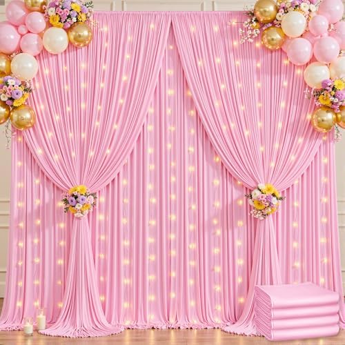 20x10ft Pink Backdrop Curtains with Lights String for Parties, 4 Panels in 5'(W) x 10'(H),4 panels in Pink, alternate view 2
