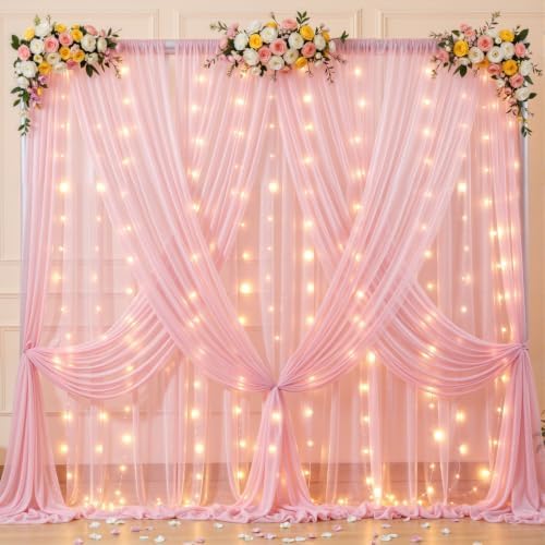 20x10ft Pink Tulle Backdrop Curtains with Lights String for Parties, Wrinkle Free Sheer Curtain with Lights