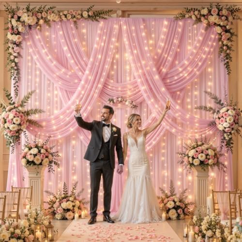 20x10ft Pink Tulle Backdrop Curtains with Lights String for Parties, Wrinkle Free Sheer Curtain with Lights, alternate view 2