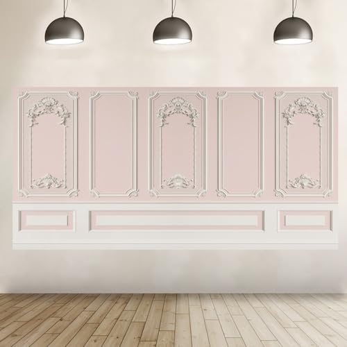 20x10ft Pink White Vintage Room Inside Backdrop European Frame Modern House French Castle Pink Wall Retro Style, alternate
