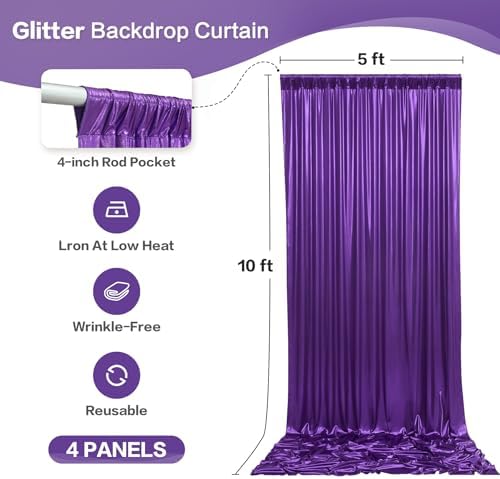 20x10FT Purple Sequin Backdrop Curtain - 4 Panels of 5x10FT Wrinkle-Free Glitter Drapes for Photography, alternate view 6