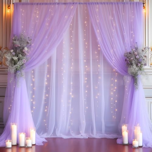 20x10ft Purple Tulle Backdrop Curtain with Lights String for Parites, Sheer Photo Backdrop Curtains with Lights