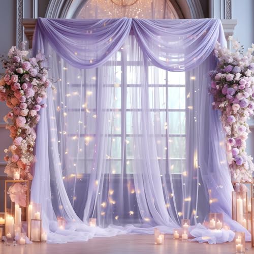 20x10ft Purple Tulle Backdrop Curtain with Lights String for Parites, Sheer Photo Backdrop Curtains with Lights, alternate